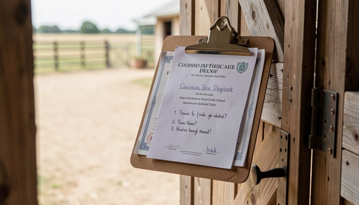 A close-up of a wooden clipboard resting on a stable door, holding a printed course certificate and a handwritten list of three questions, with a soft-focus stable yard behind it in daylight.