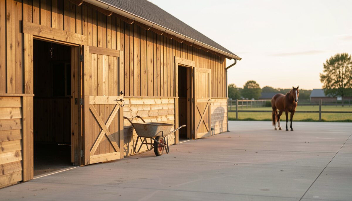 A wooden stable block at golden hour with two open stall doors, a wheelbarrow resting by the wall, and a horse standing quietly at the far end of a tidy concrete yard.