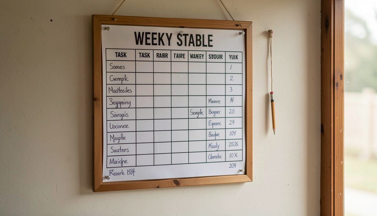 A wooden stable notice board on a wall, holding a printed weekly schedule grid with handwritten names in the task slots and a small pencil on a string beside it.