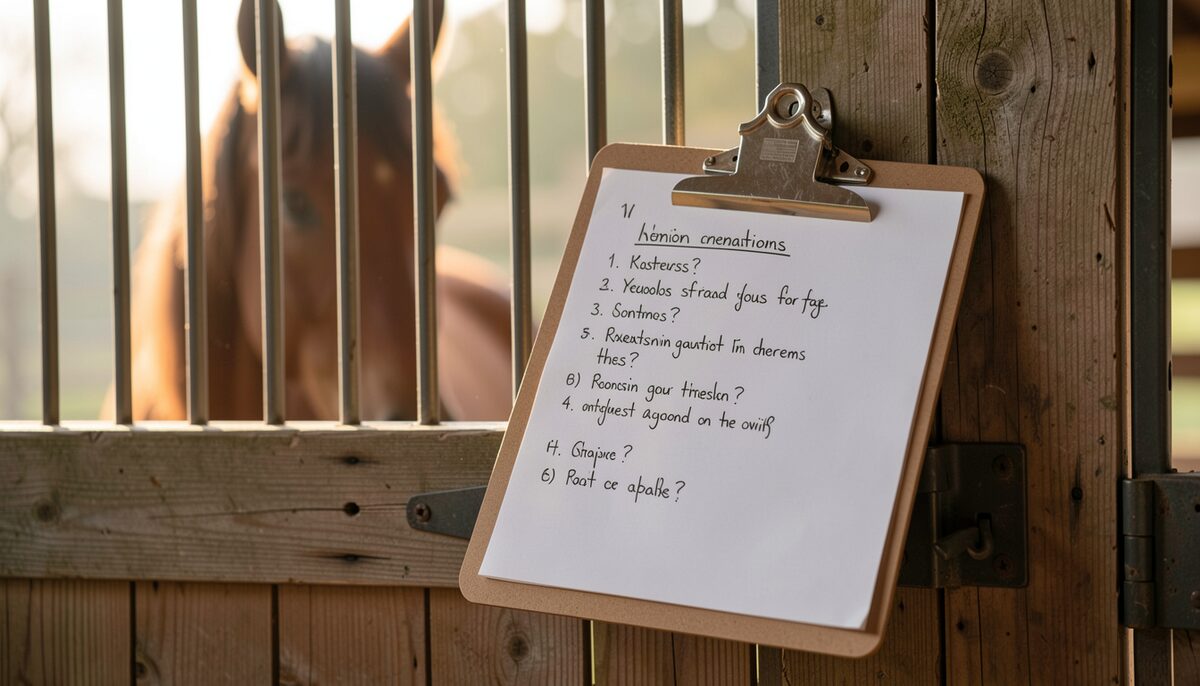 A clipboard with a handwritten list of questions resting on a wooden stable door, with a blurred horse head visible in soft morning light behind it.