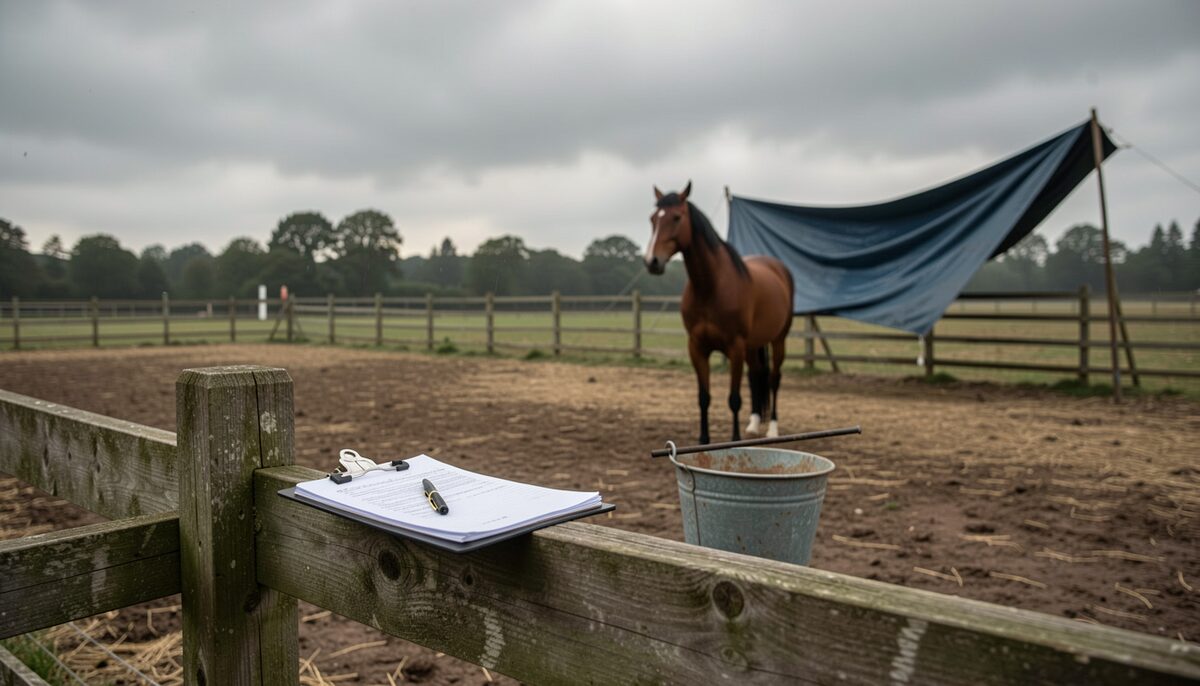 A stable yard on a windy overcast afternoon, with a clipboard and pen resting on a wooden fence rail, a half-full water bucket beside it, and a horse standing in a paddock looking toward a flapping tarpaulin in the background.