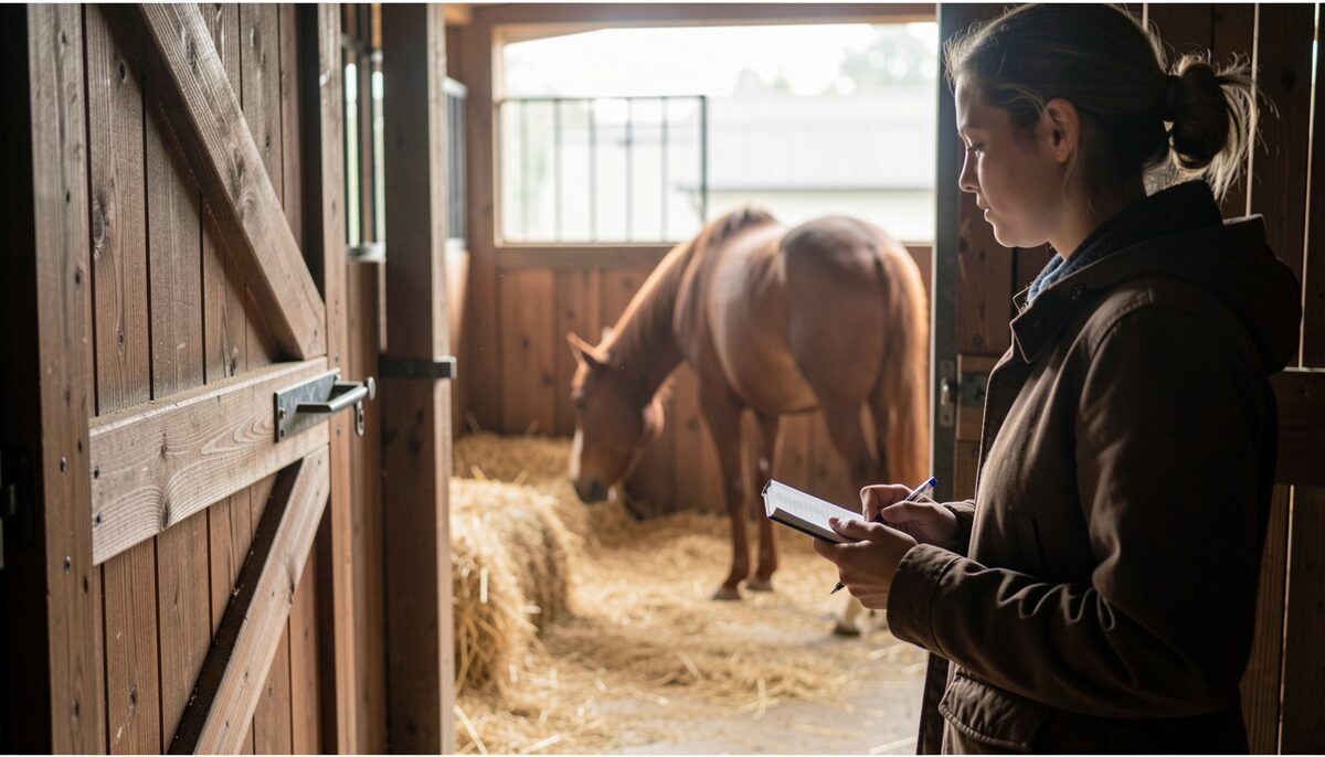 A person standing at a stable door in the early morning, holding a small notebook and pen, looking calmly toward a horse in a straw-bedded box; soft natural light, no people's faces visible.